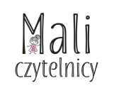 Logotyp "Mali czytelnicy" ze stylizowanym tekstem i małym dzieckiem w różowej sukience wkomponowanym w literę "M.