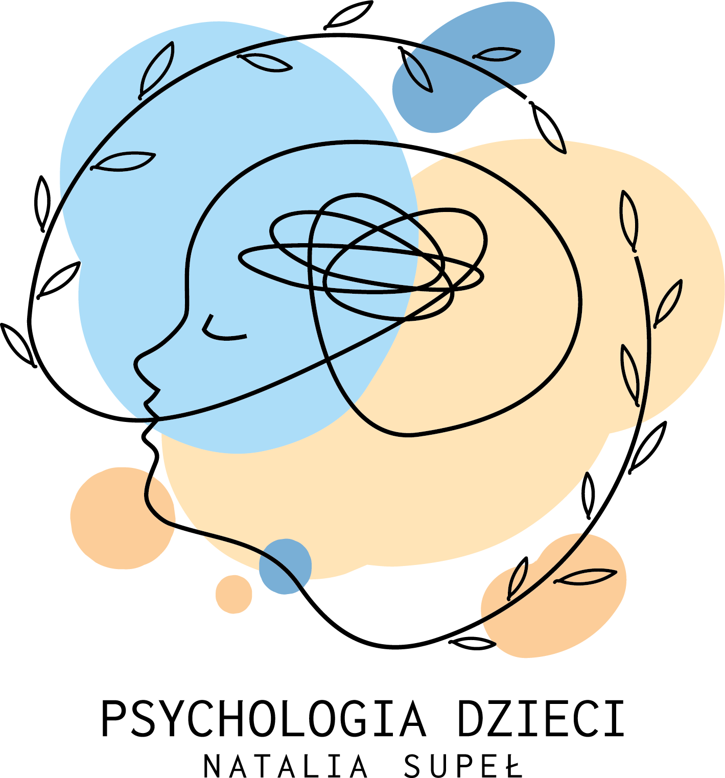 Minimalistyczna ilustracja profilu dziecka z abstrakcyjnymi kształtami, otoczona winoroślą. Tekst na dole brzmi „Psychologia Dzieci Natalia Supeł.