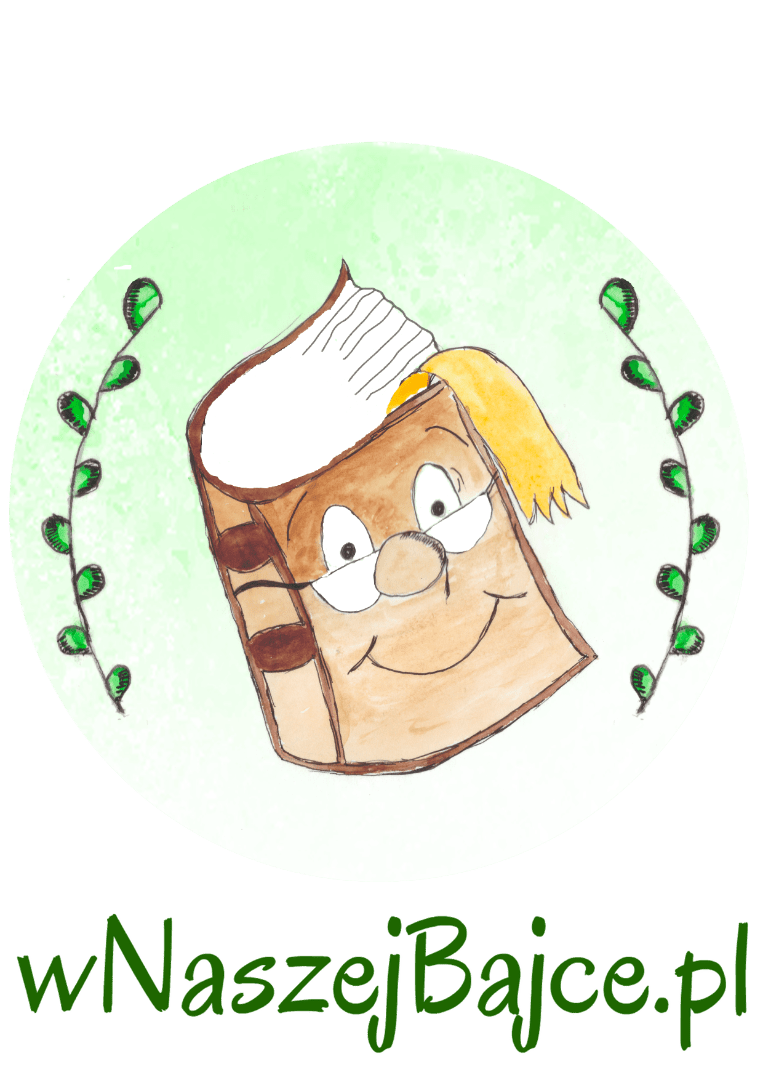 Ilustracja przedstawiająca uśmiechniętą brązową książkę w okularach i z blond włosami, otoczoną zielonymi liśćmi, z tekstem „wNaszejBajce.pl” poniżej.