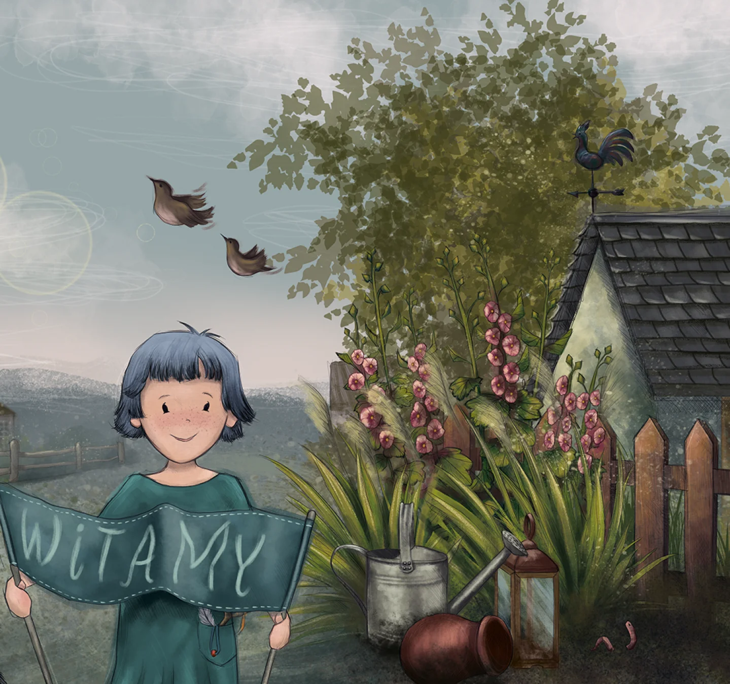 Ilustracja dziecka z transparentem Witamy